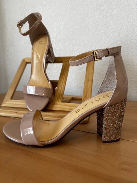 Unisa Shoes - Unisa Women's Sparkle Heel Prom Chunky Heel in Nude 8.5